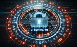 An image depicting the Vans cyber attack featuring a digital security breach alert with the VF Corporation logo, against a backdrop of a digital lock and binary code.