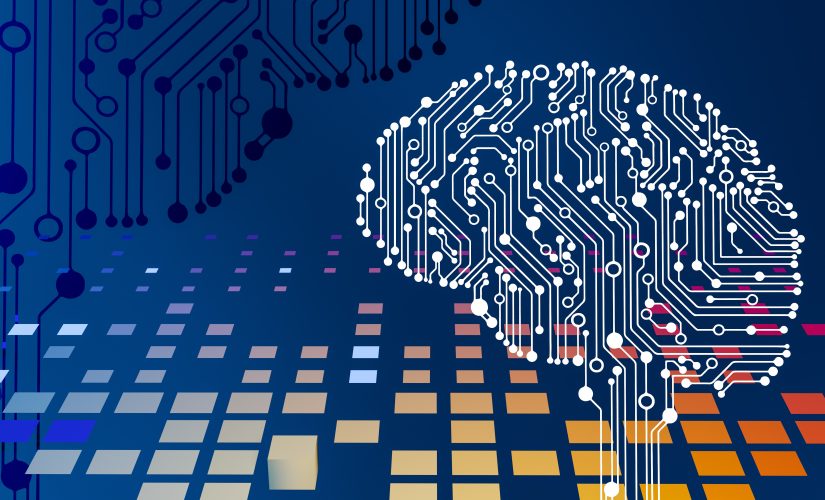 A computer circuit board with a brain on it to represent AI