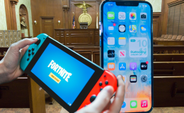 Apple to allow developers to link to outside payment methods. Person playing Fortnite on handheld device in front of iPhone and courtroom in the background.