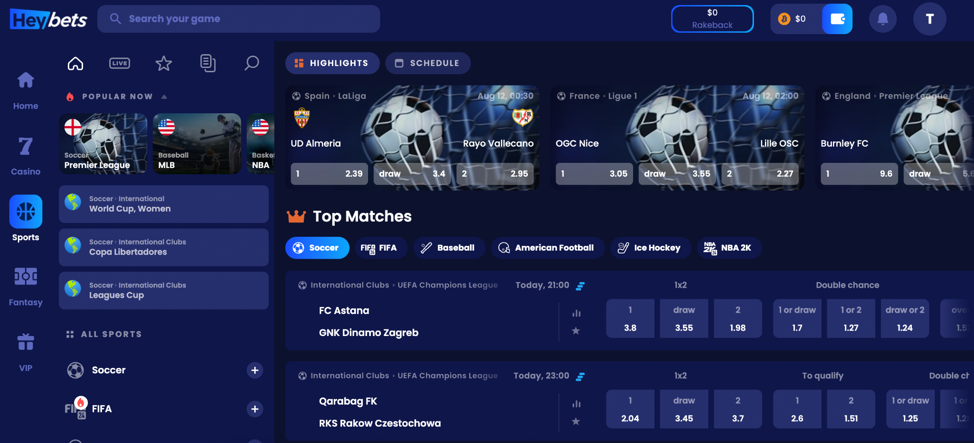 Heybets page with blue background and football matches. 