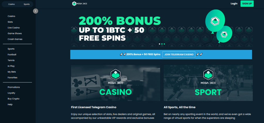 Mega Dice casino homepage