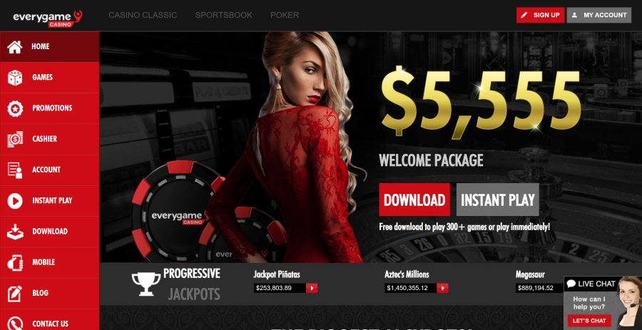 Everygame casino home page screenshot