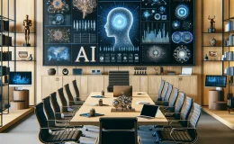 An AI generated image depicting a boardroom with a screen showing AI statistics, AI Researcher salaries have been revealed in a new report.