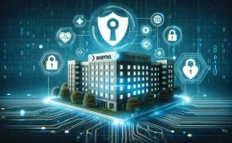 Hospital building with cybersecurity symbols, depicting digital security in healthcare.
